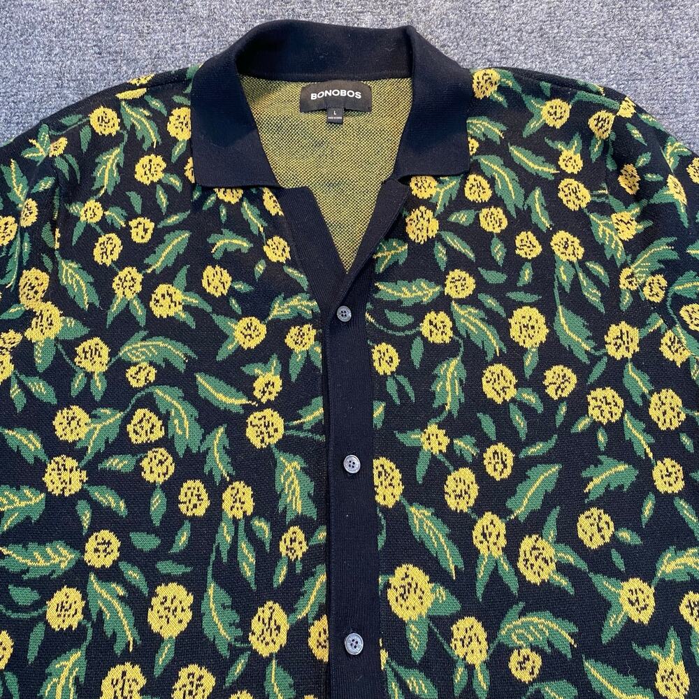 Bonobos Riviera Men L Short Sleeve Cotton Knit Button Down Shirt Black Floral - Picture 2 of 8